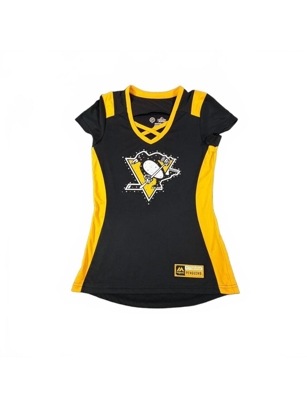 Majestic Pittsburgh Penguins Women’s V-Neck Fan Tee – Black & Gold, Size XS